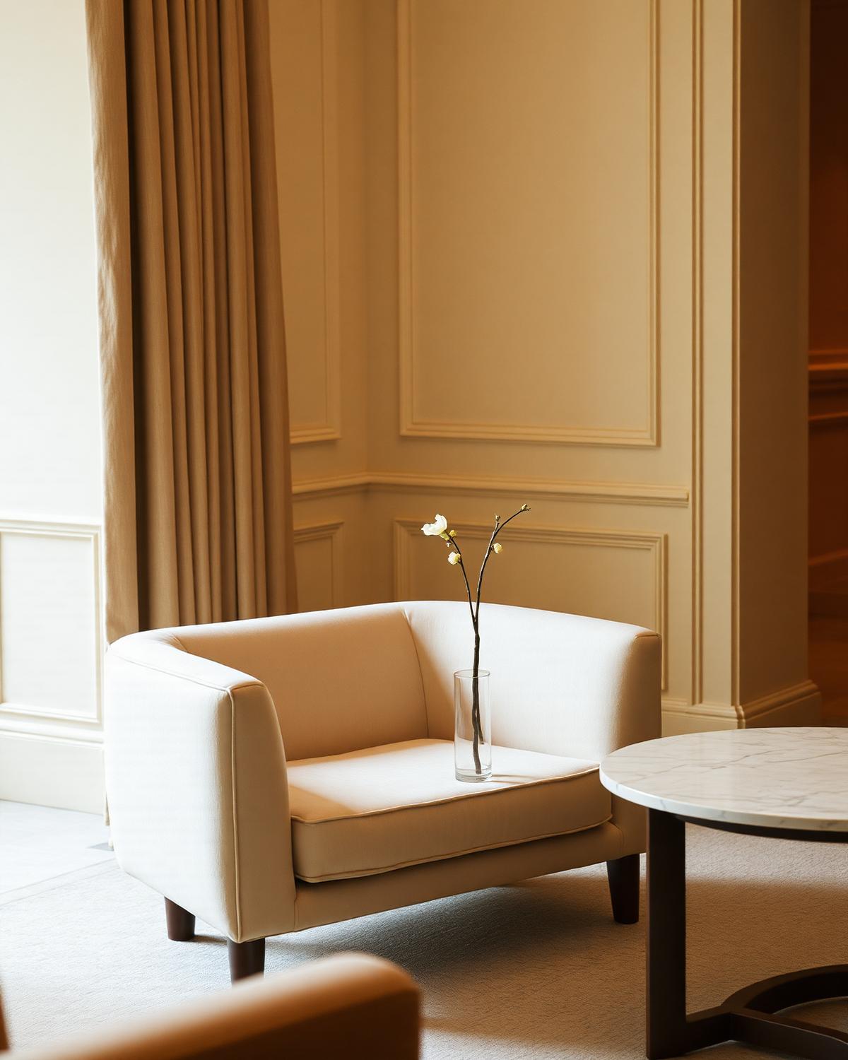 A calm private lounge in cream and travertine
