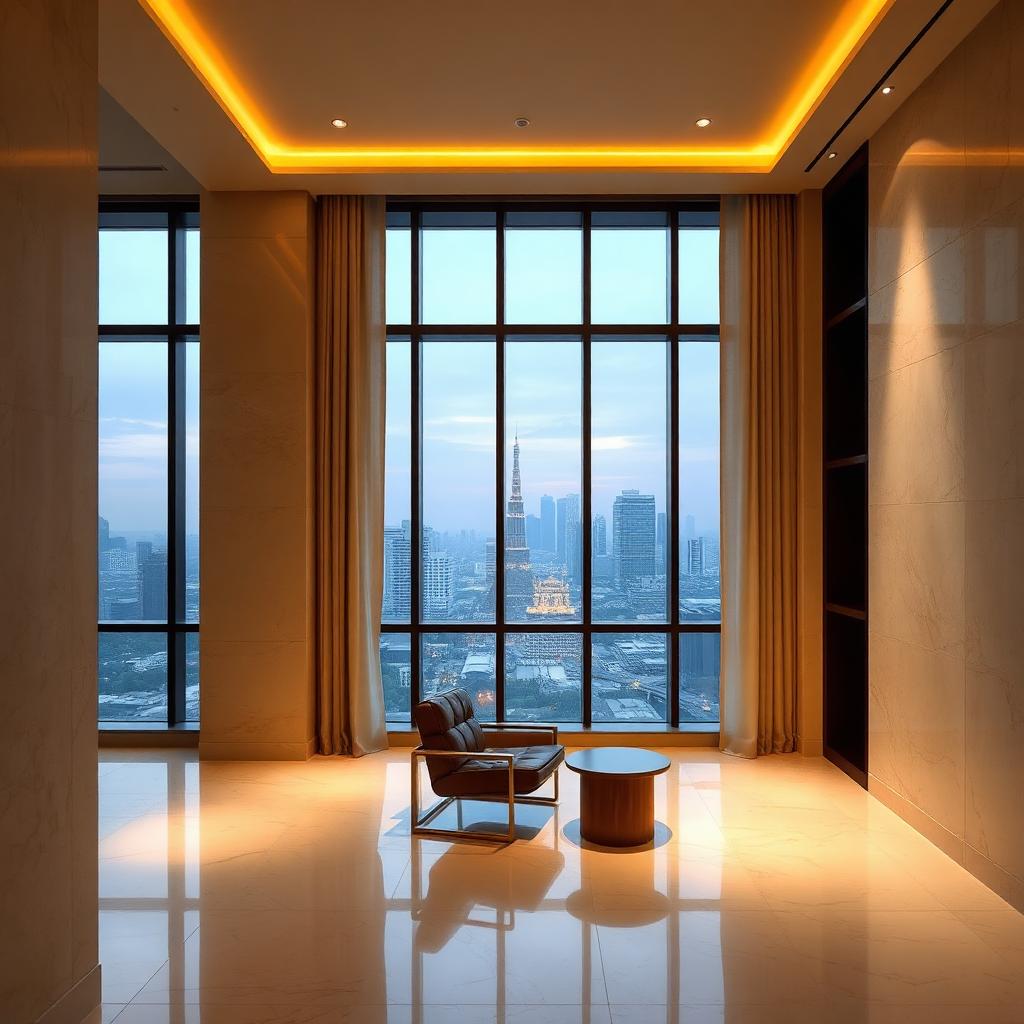 A quiet interior at Dusit Central Park at dusk, overlooking the Bangkok skyline.